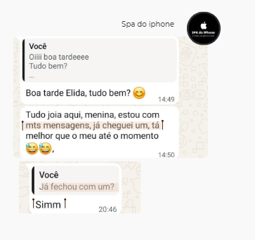 Conversa original do Spa do iPhone relatando mensagens recebidas e confirmando um fechamento